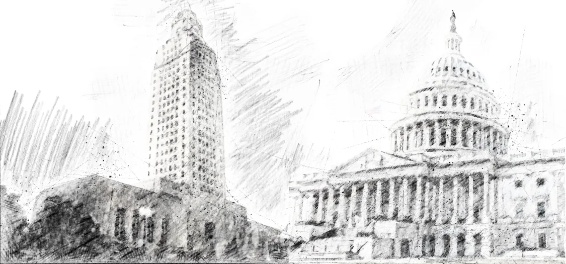 Pencil sketch of the Louisiana State Capitol and the U.S. Capitol